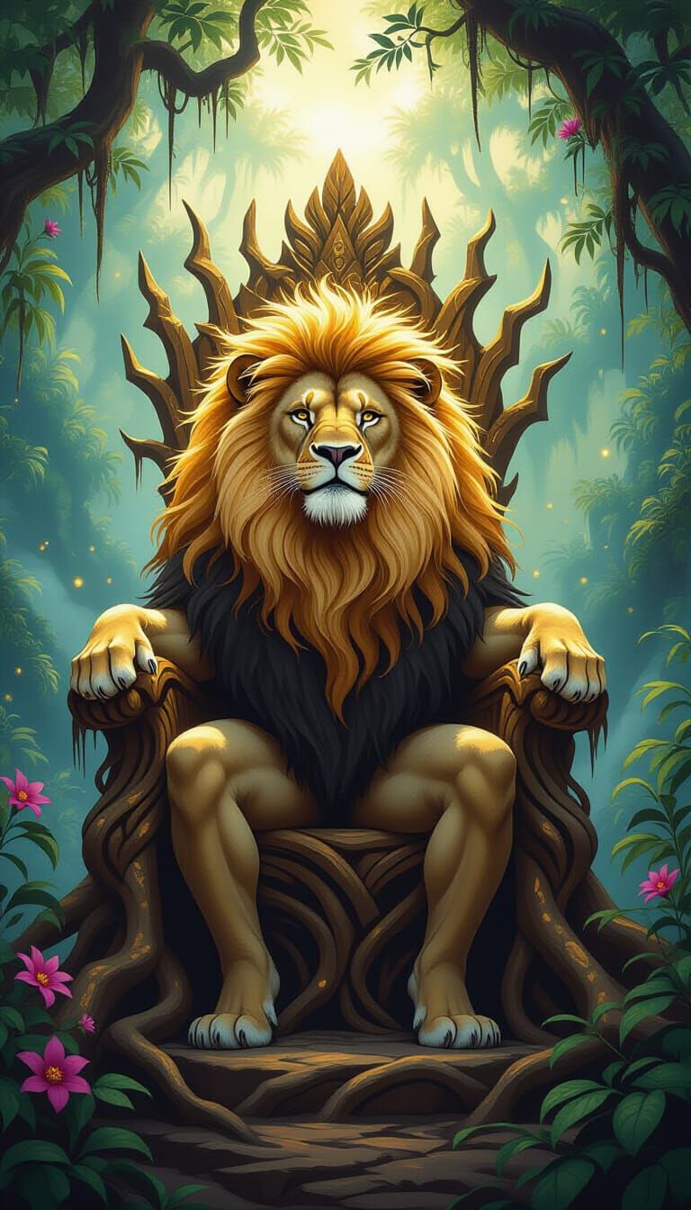 Golden-Maned Lion King in Bioluminescent Jungle