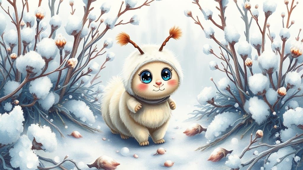 Cute Fluffy Caterpillar in Winter Garden Watercolor