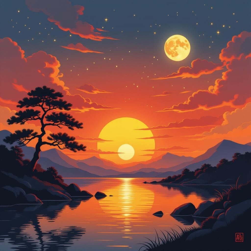 Magical Ukiyo-e Orange Sunset with Sparkles