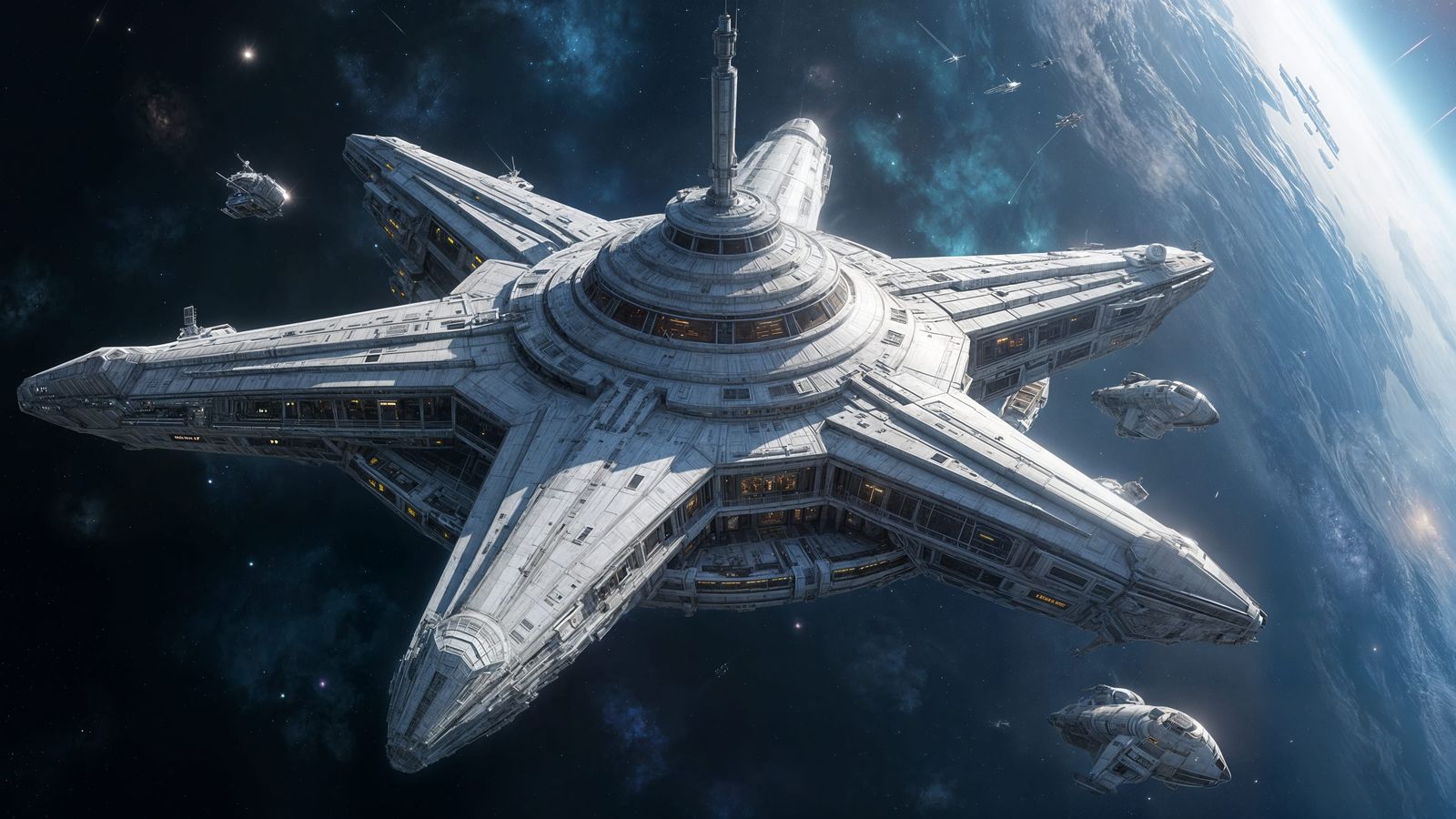A sprawling star shaped habitation and logistics outpost in space