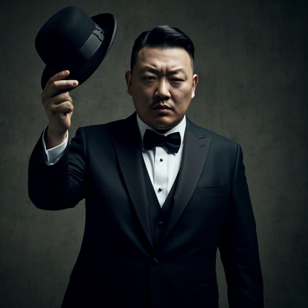 Intense Chinese Man Throws Derby Hat in Dramatic Lighting