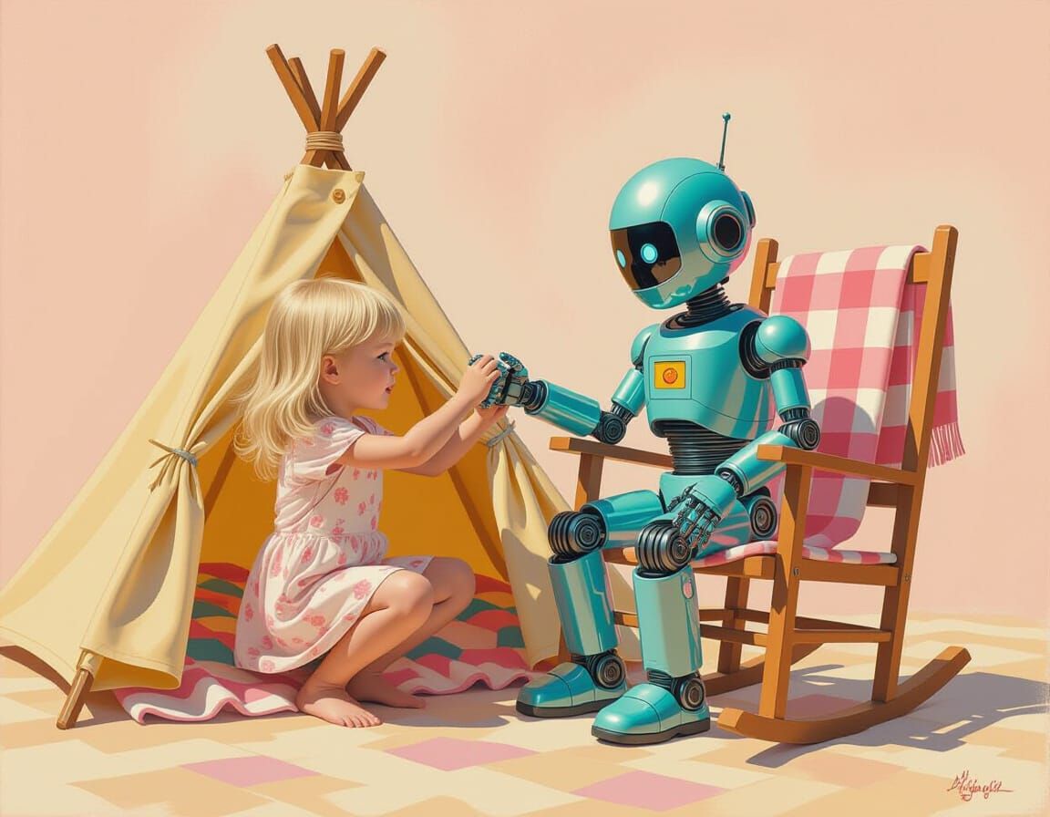 Girl and Robot Setting Up Tent in Surreal Oil Painting