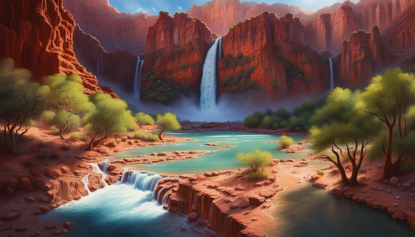 Hyperrealistic Havasupai Falls in Desert Canyon