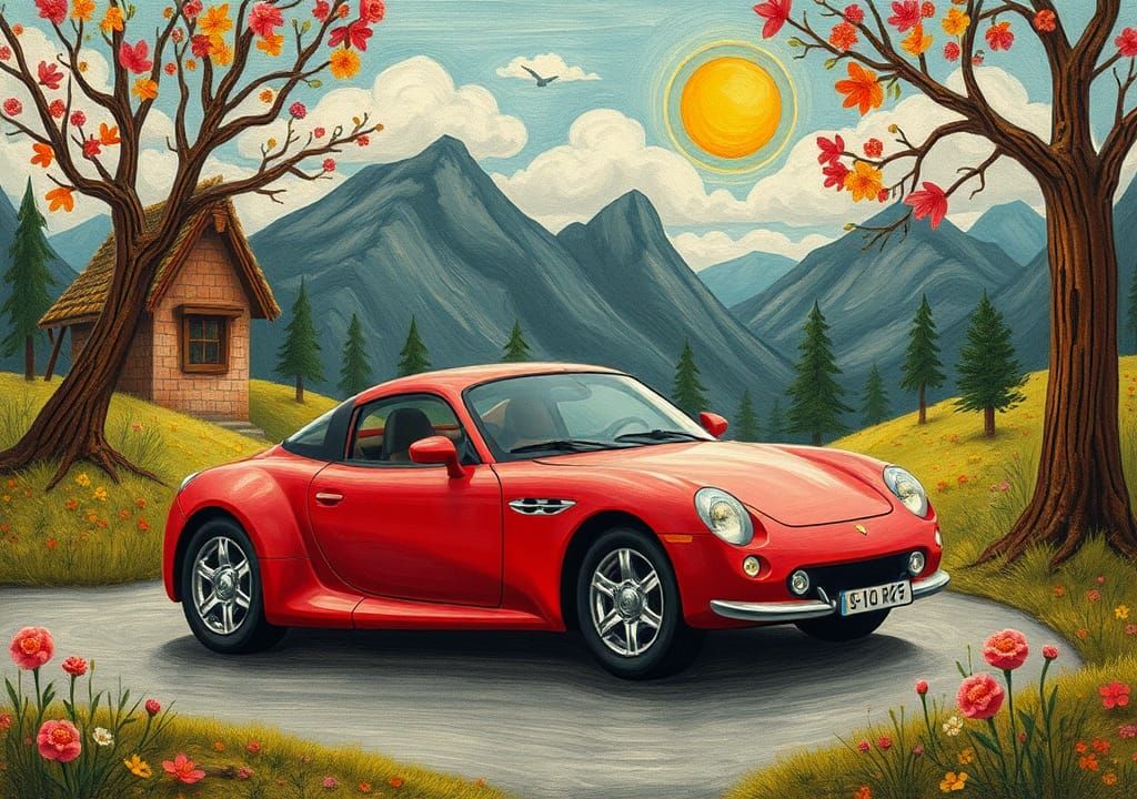 Whimsical Red Supercar in Naive Folk Art Style