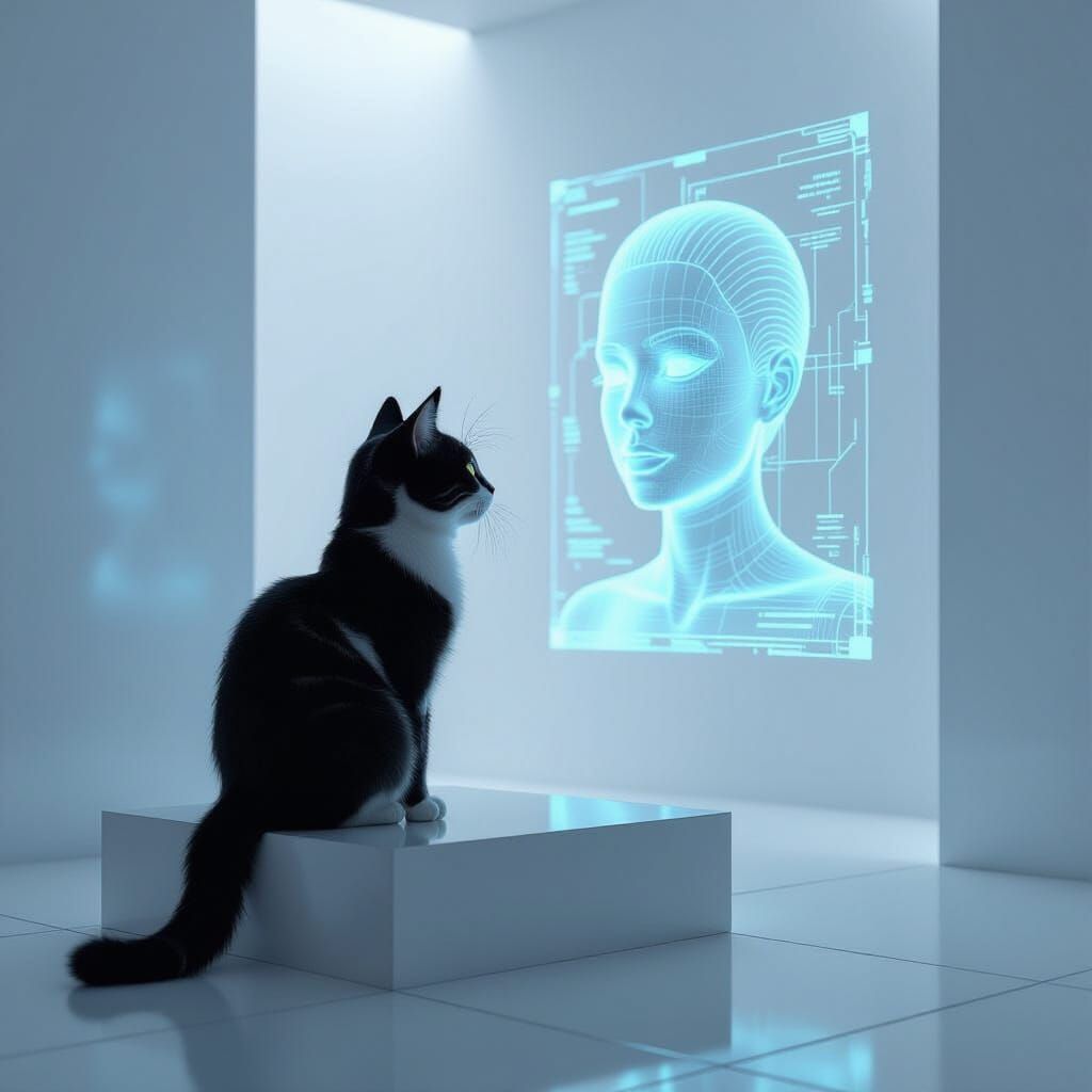 Cat Observes Holographic Face in Minimalist Chamber