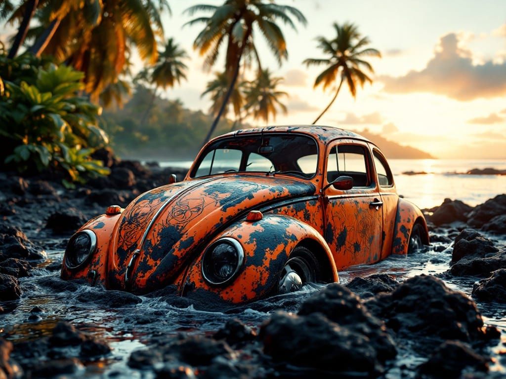 Rusty Volkswagen Beetle Amidst Tropical Paradise