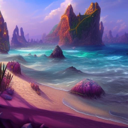 Jeweled Beach: Detailed Matte Painting in Deep Color