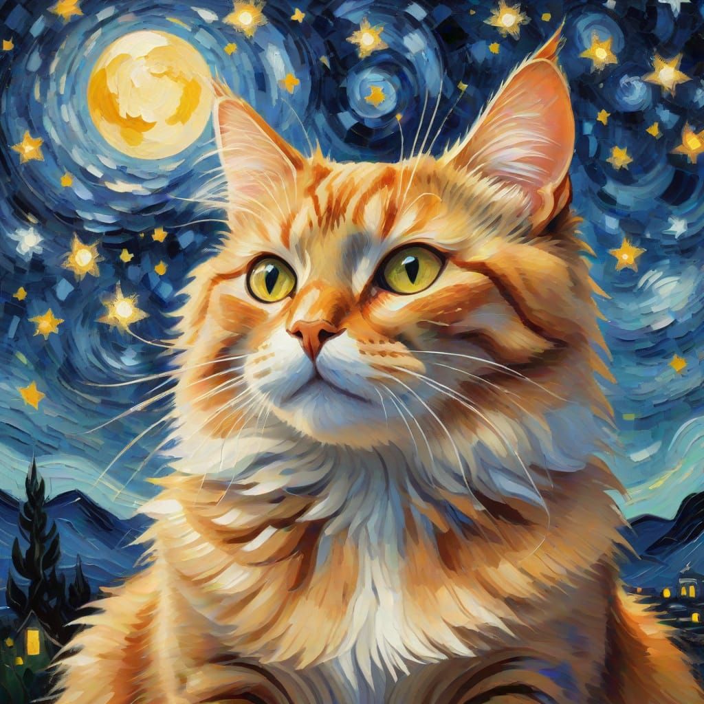 Cat Under Starry Sky as Impressionist Oil Painting