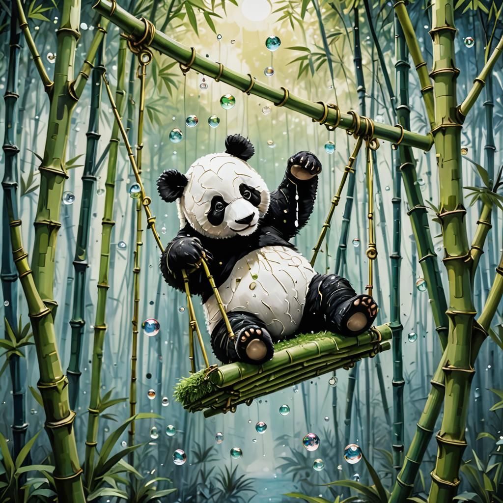 Abstract Panda on Soap Bubble Swing, Cubist Style