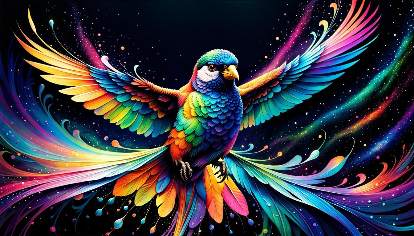 Flying Bird Ink Painting with Iridescent Colors