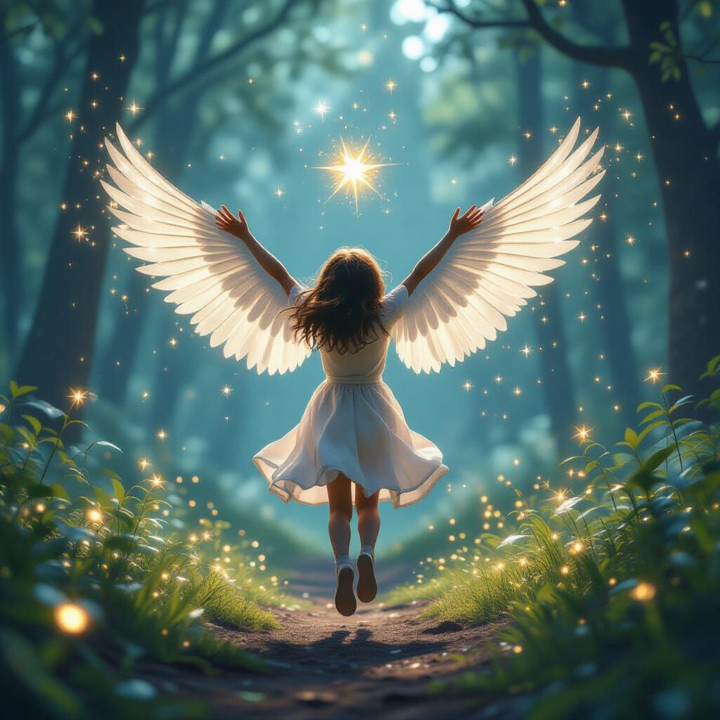 Child Catches Glowing Starling in Magical Forest