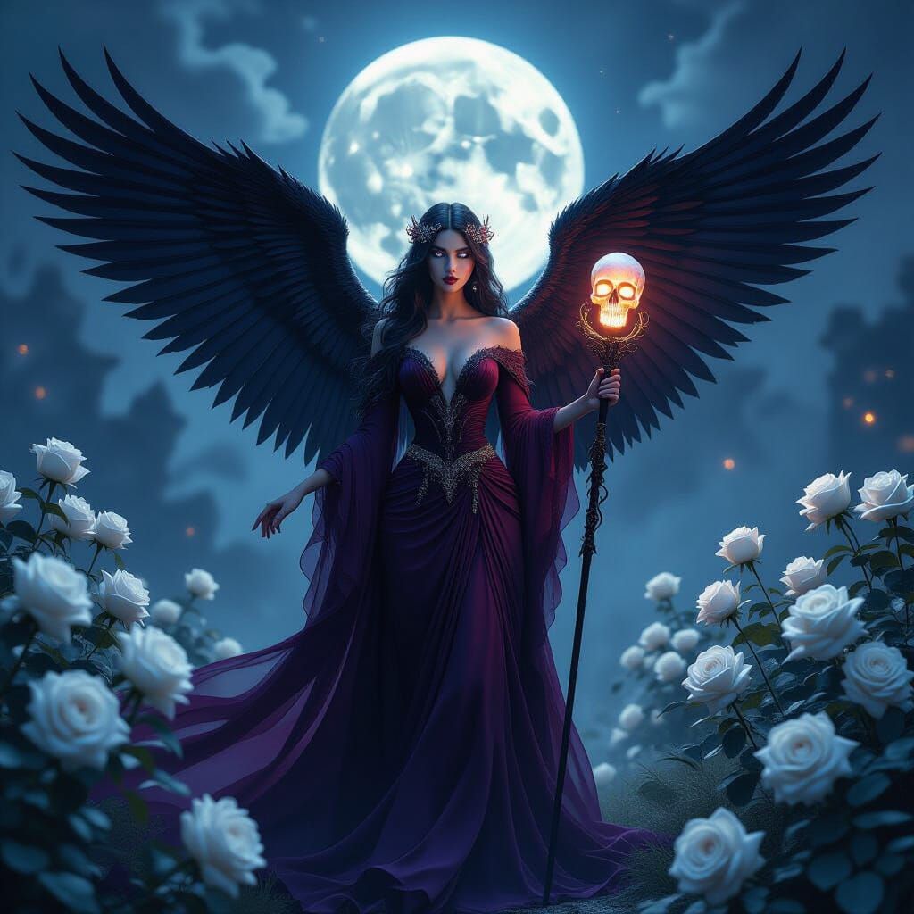 Gothic Goddess with Raven Wings in Spectral Garden