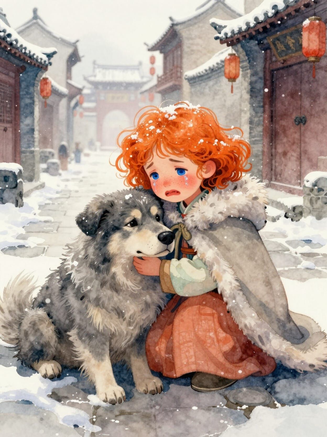 Girl and Dog in Snowy Ancient Chinese City Watercolor