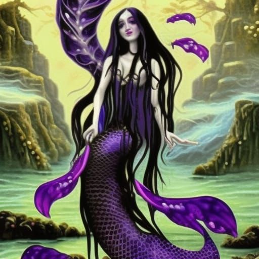 Ethereal gothic mermaid with long black hair& Beautiful purple eyes& black mermaid tail with purple accents& mermaid vib...
