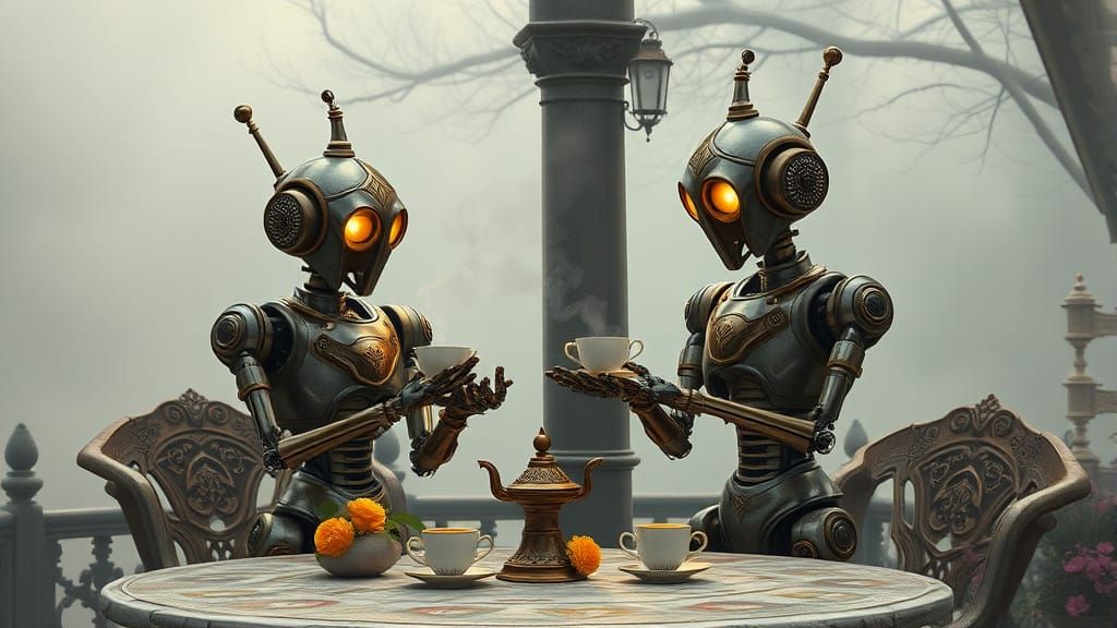 Edwardian Robots Enjoy Tea in Whimsical Fantasy Scene