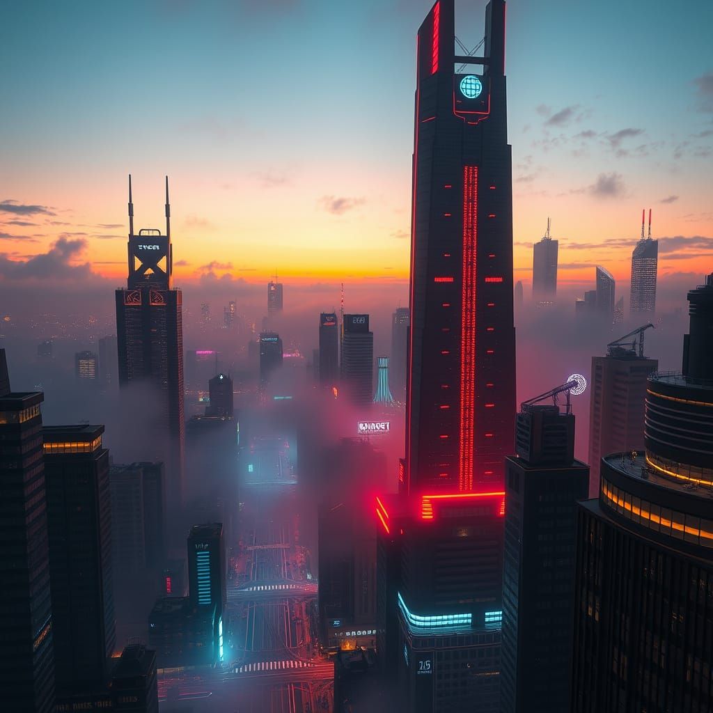 Futuristic Cityscape at Dusk in Hyperrealistic Detail