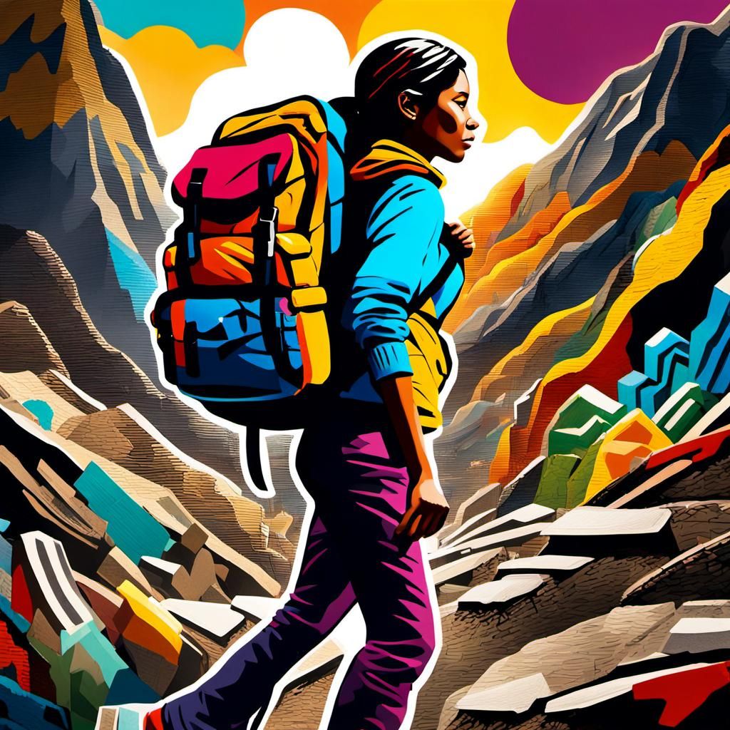 Woman Hiking in Mountain Street Art Style