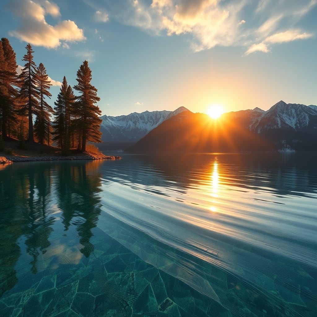 Surreal Sunrise on Crystal Clear Lake Tahoe with Majestic Si...