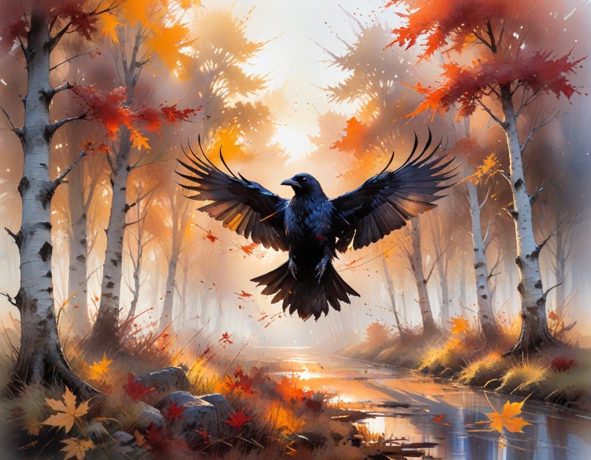Raven Gliding Above Scarlet Maple Grove Watercolor