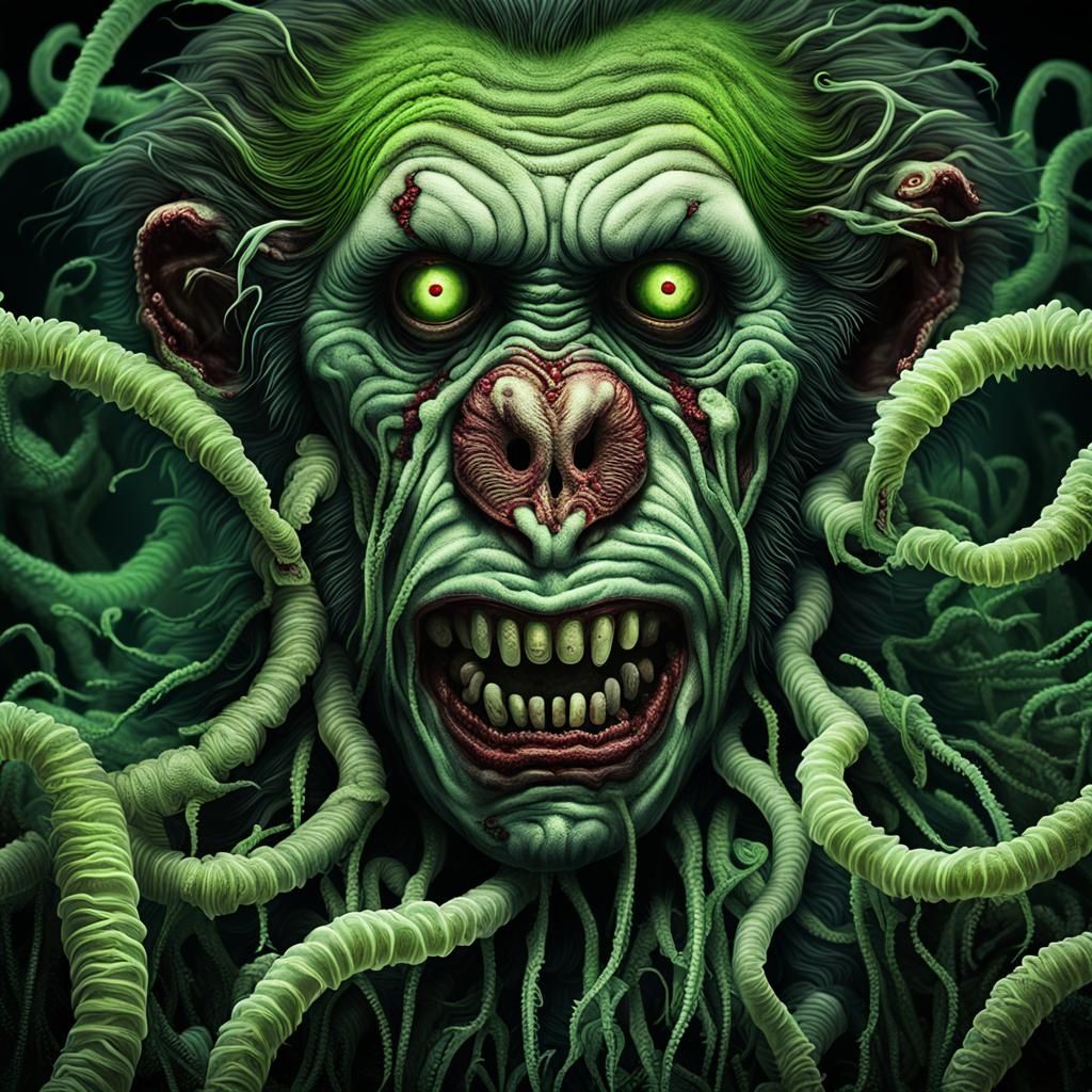 Zombie Clown Face with Bioluminescent Worms in Sci-Fi Horror