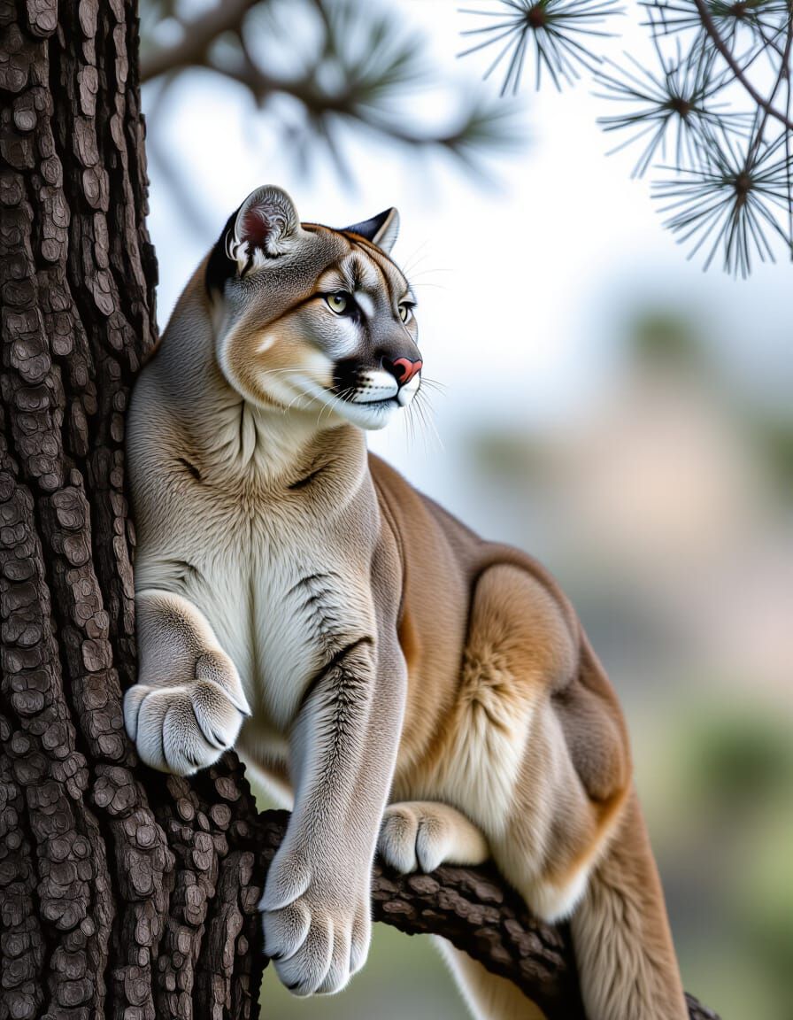 Mountain Lion Descending Tree in Hyperrealistic Photograph