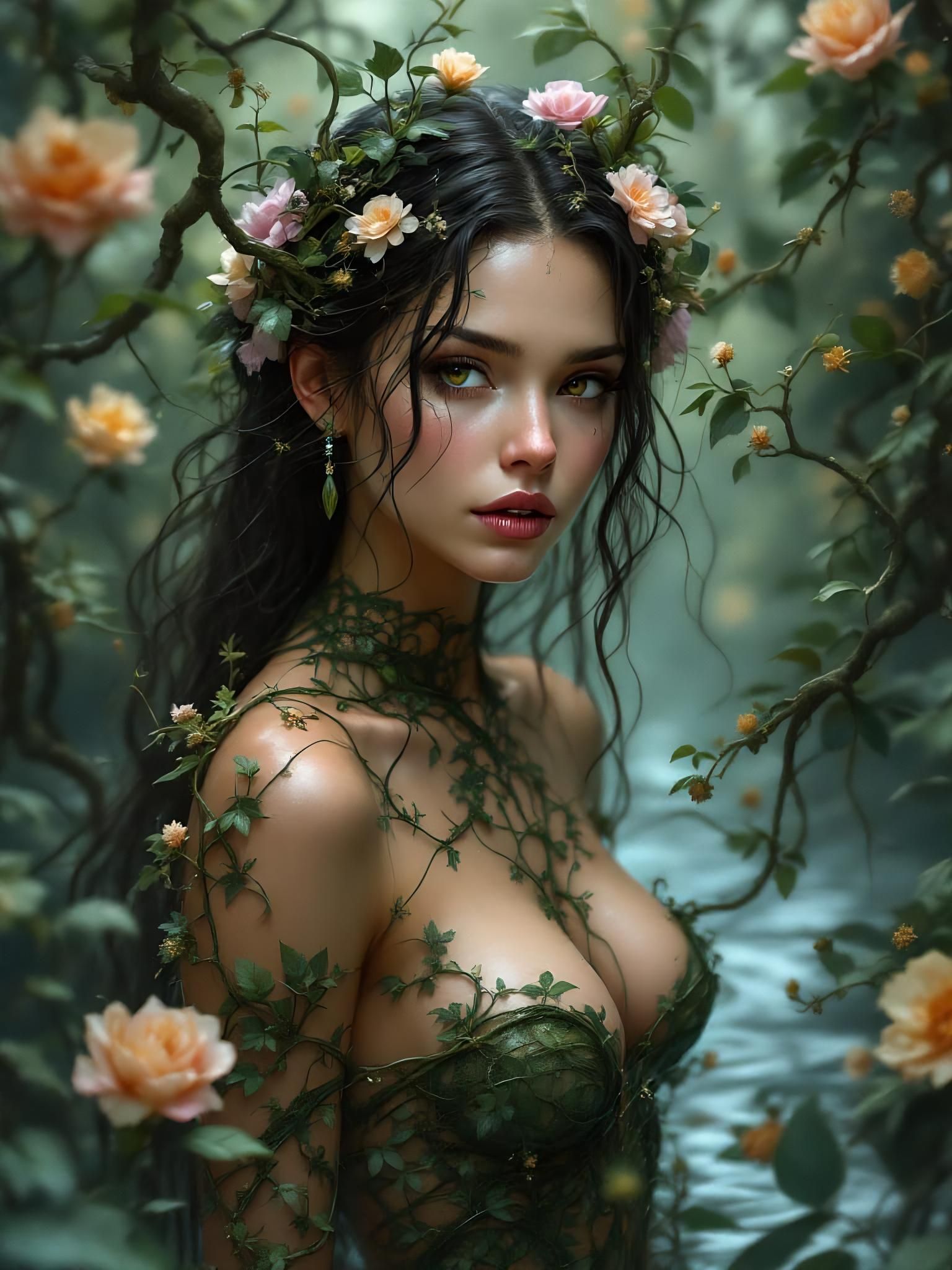 Forest Dryad Portrait in Art Nouveau Style