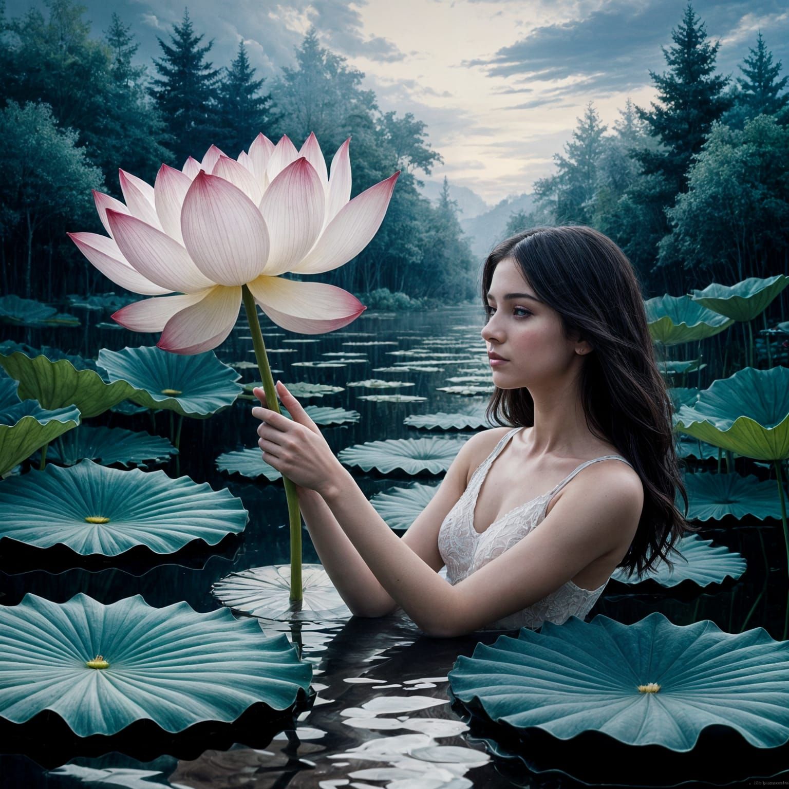 Woman Holds White Lotus Flower in Watercolor Style