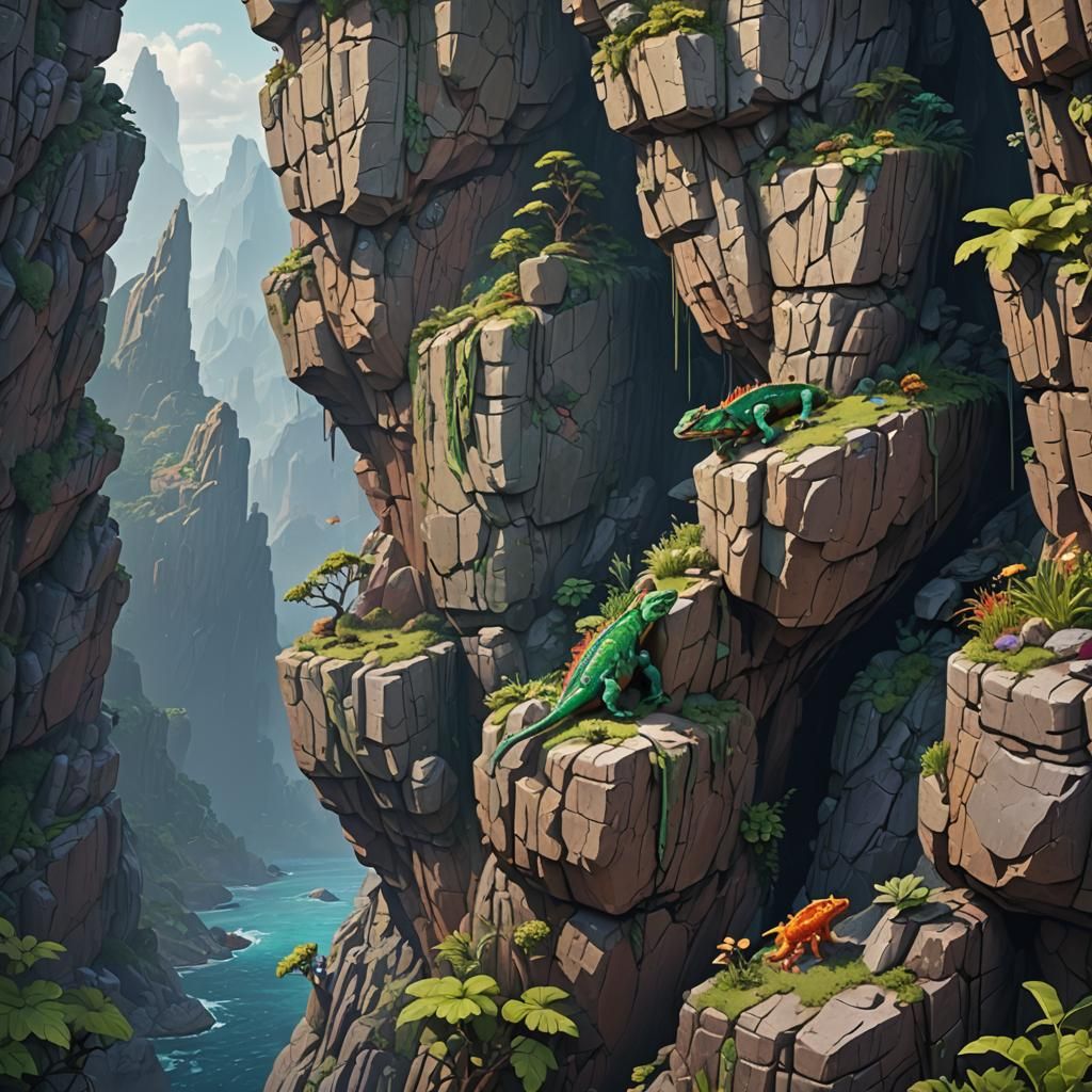 Pixel Art Lizard Adventure on Rock Cliff