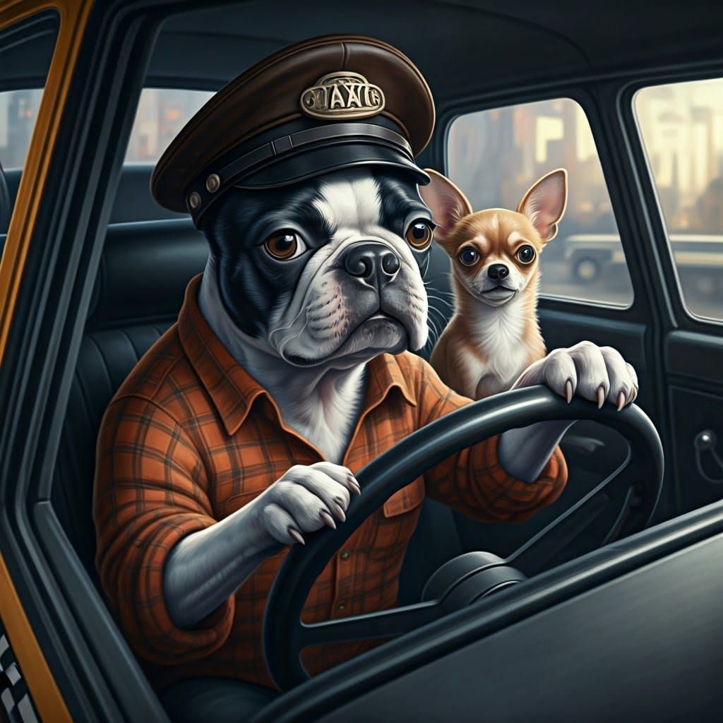 Boston Terrier Cabbie Drives Through City Streets in a Cozy...