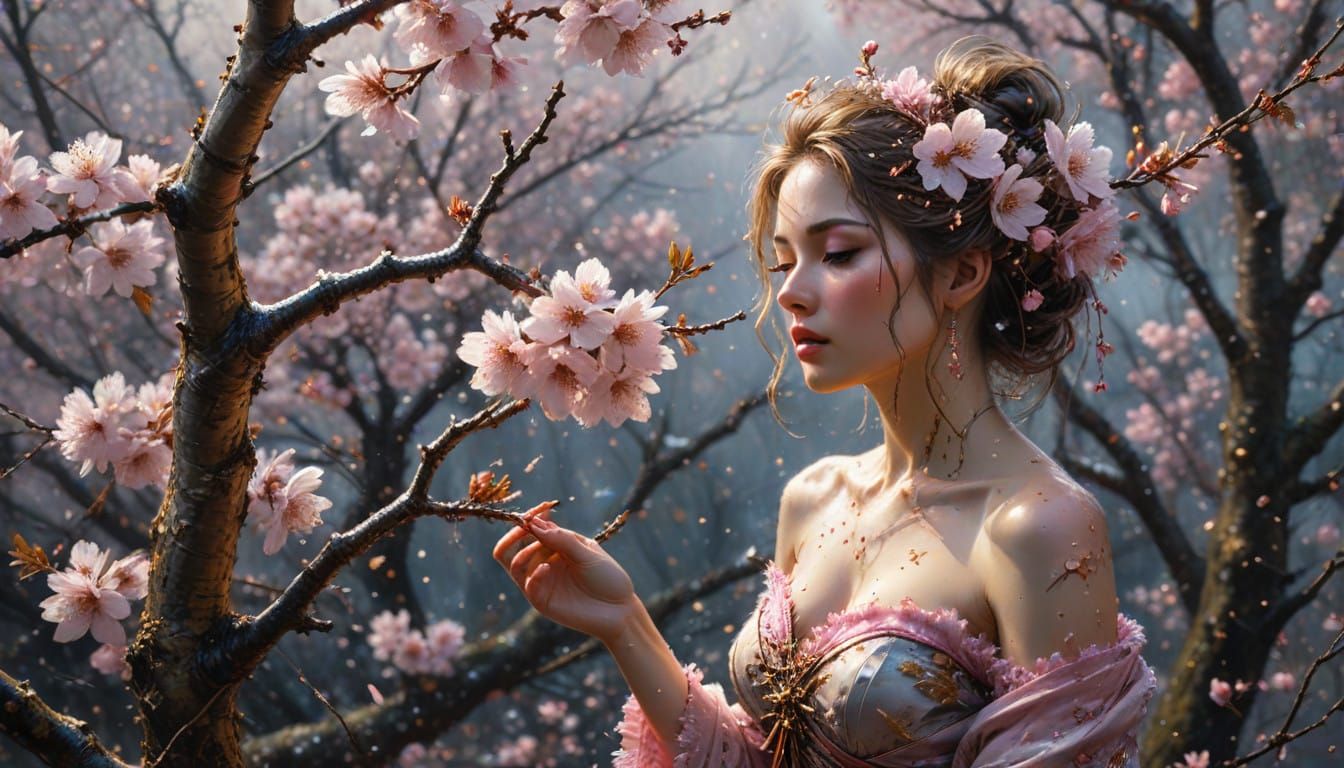 Surreal Cherry Blossom Scene in Golden Winter Wonderland