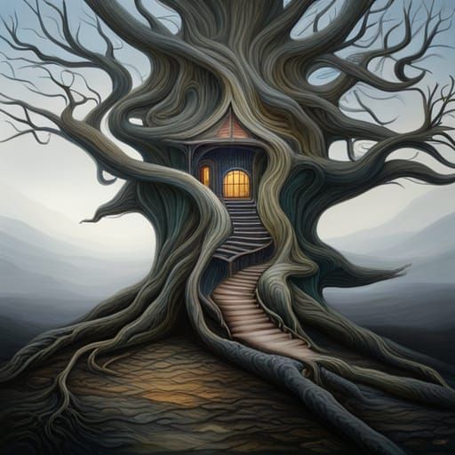 Mystic Treehouse in Dark Woods: Oil Painting