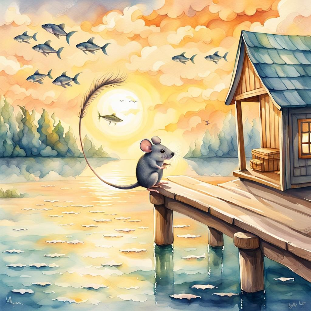 Mouse and Flying Fish in Watercolor Fantasy