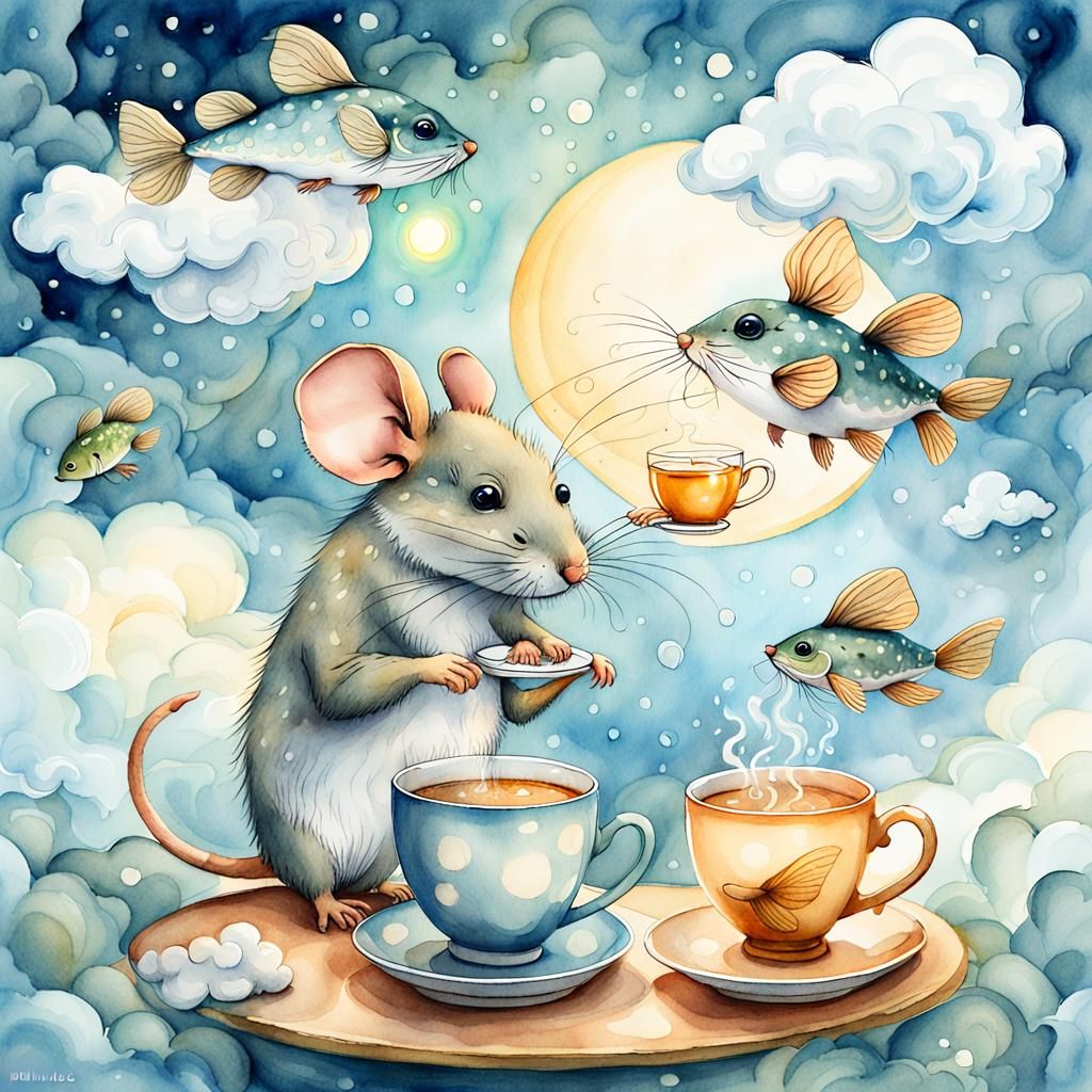 Mouse and Flying Fish Tea Party on a Cloud