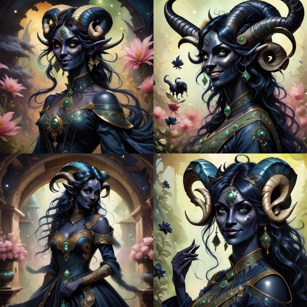 Fantasy Woman with Horns and Furry Creature