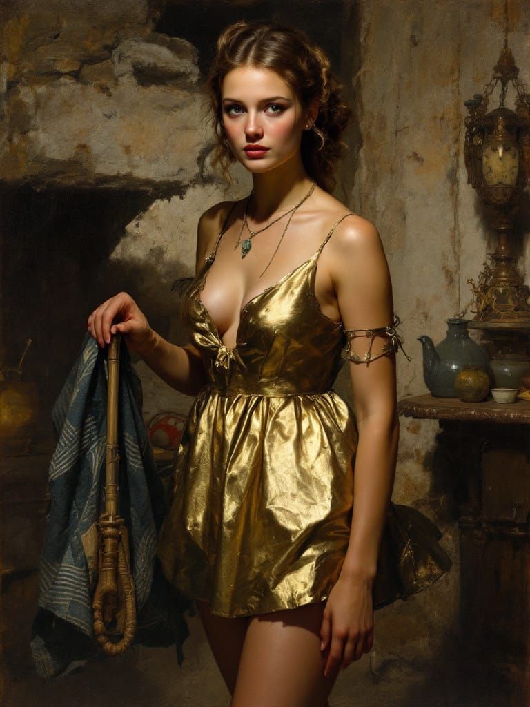 2030s Pin-Up Woman in Gold Dress, Romantic Realism Style