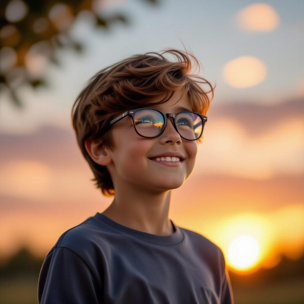 Boy in Golden Hour Light Reflecting Sunset Sky