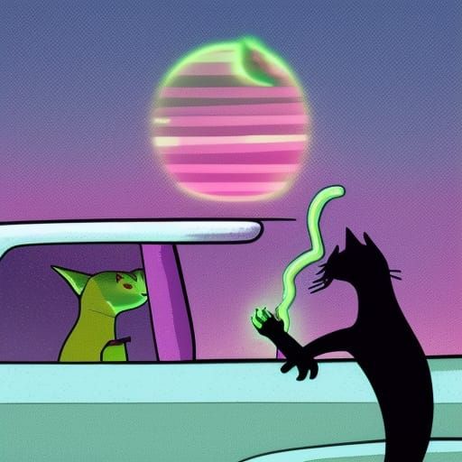 Alien Smoker with Cat in Synthwave Neon Retro Style