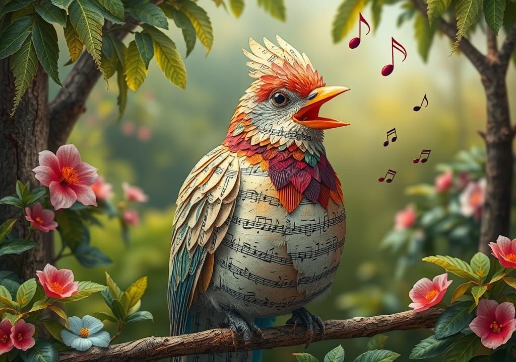 Musical Songbird in Paradise Emitting Music Notes