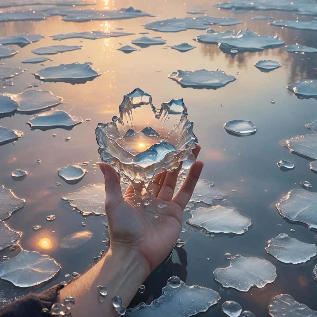 Glistening Ice Floe in Gentle Hand: Ethereal Fantasy Art