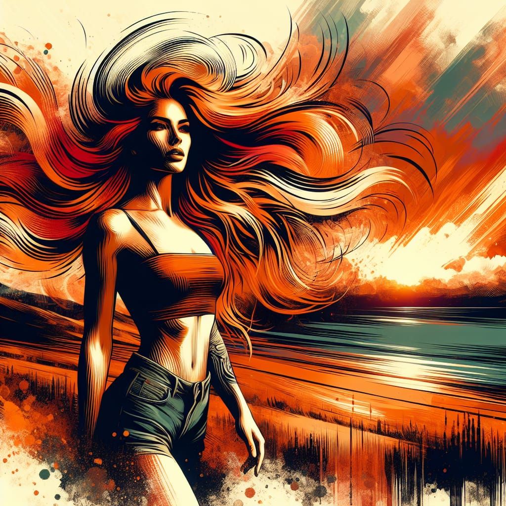 Stunning Orange-Haired Woman Portrait in Splash Art Style