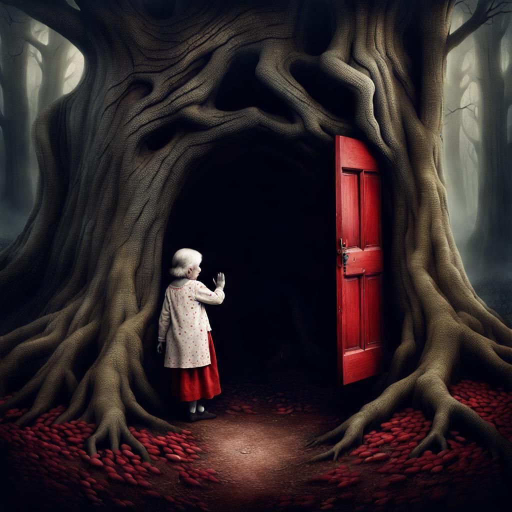 Creepy Vintage Photo: Old Woman and Tree Children