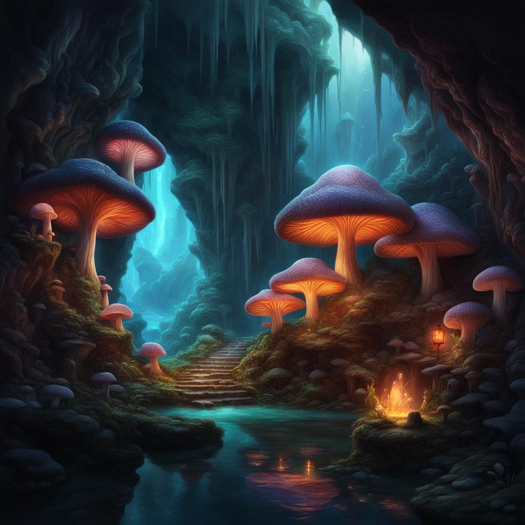 Mystical Glowing Crystal Cave: A Digital Painting