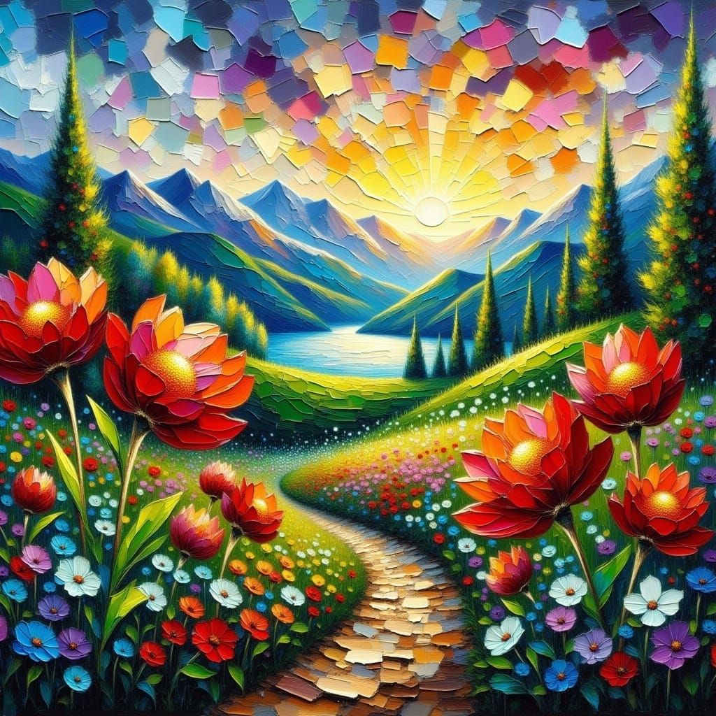Vibrant Impasto Flowers in a Sunlit Valley