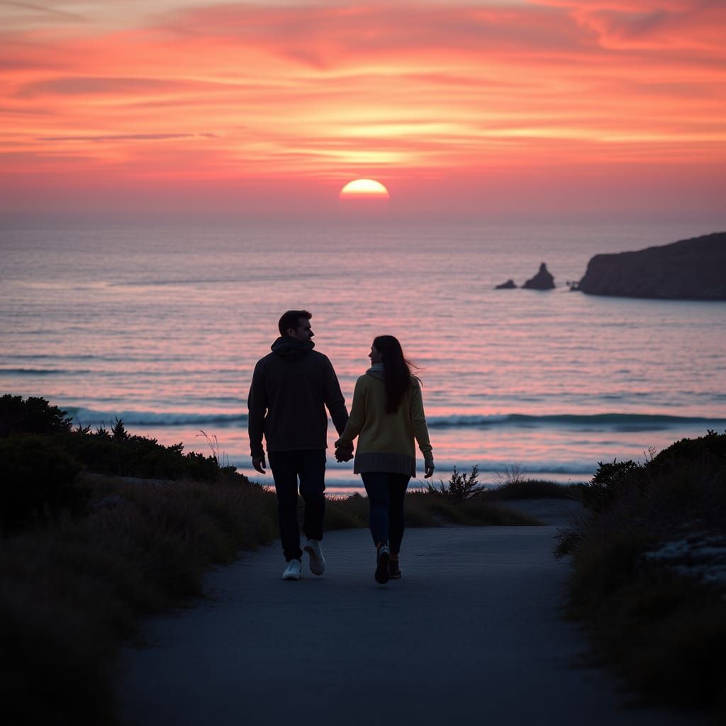 Coastal Sunset Walk: A Photorealistic Couple's Dream