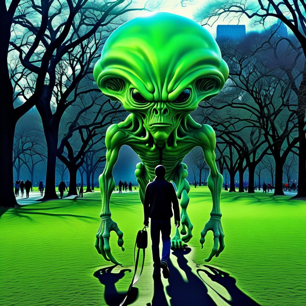 Green Alien Demon Walks Brain in Central Park