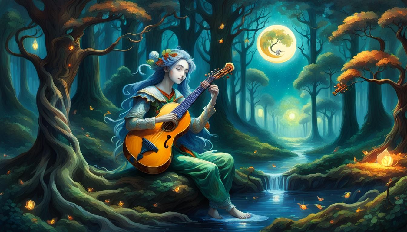 Harlequin's Song in Dreamy Forest, Mystical Art