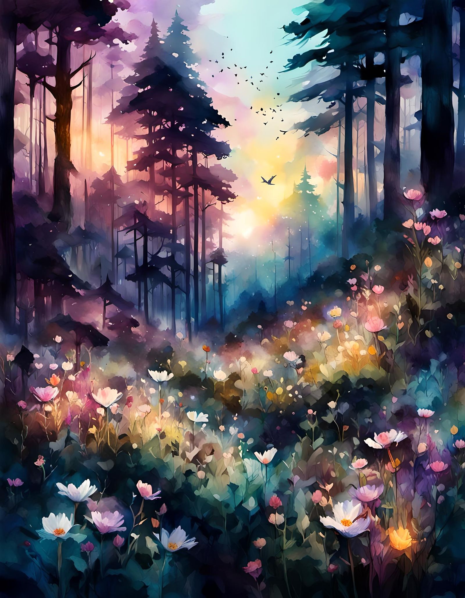 Floral Forest: Digital Watercolor Summerscape Sunset