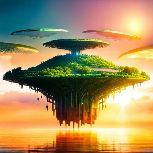 Futuristic Solarpunk Island at Sunset