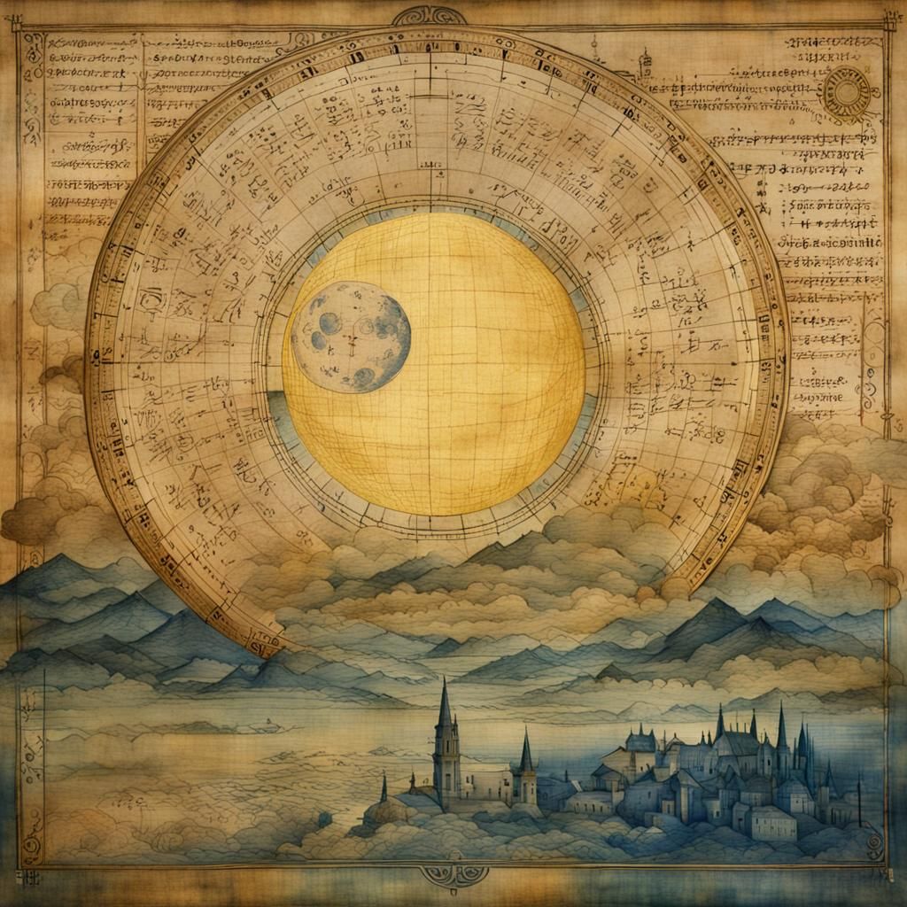 Moon Cycle Drawing on Papyrus in Renaissance Style