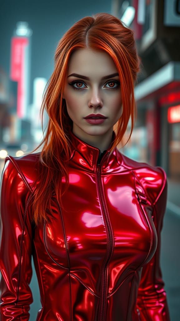 Gorgeous Redhead in Cyberpunk Cityscape, Hyperrealistic 16K